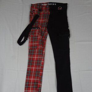 HOT TOPIC DENIM STINGER SPLIT BLACK RED PLAID STRAP PANTS MENS SIZE 30/30 - L475